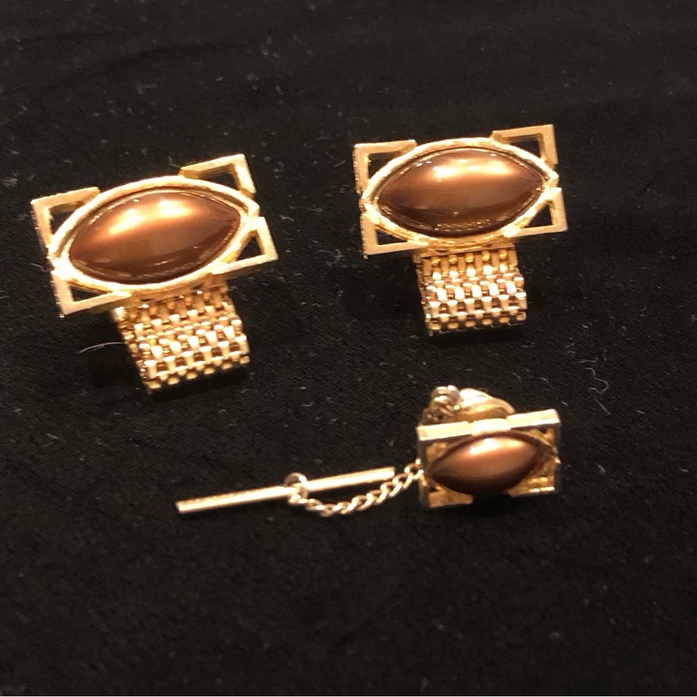Cuff Links + Tie Tack Set by Hickok w/ Mesh Straps, Faux Tiger Eye Cabochons